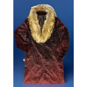 New York & Co, Ombre Burgundy Curly Velvet Coat Faux Fur Collar Sz L